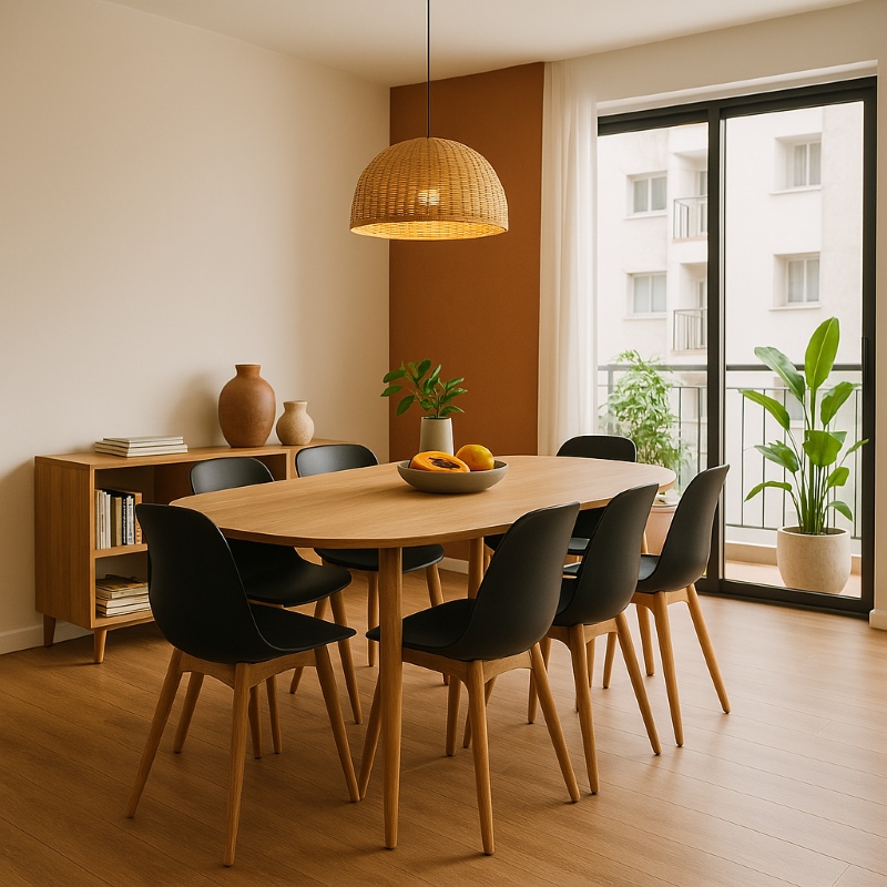 Mesa oval para sete pessoas com aspecto de madeira envernizada e cadeiras pretas com pés palito